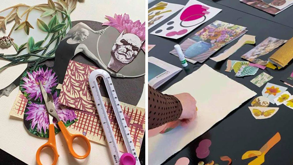 Collage-materialer og værktøjer på bordet under workshop hos Collageriet i Silkeborg.
