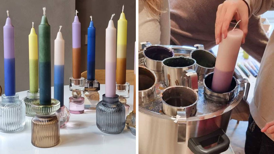 Deltager designer håndlavede lys under kreativ workshop hos PRYD i Bagsværd.