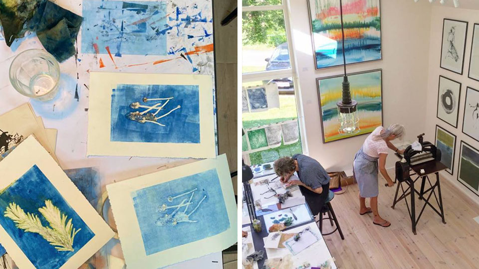 Kursusdeltagere arbejder med grafiske tryk hos Lisa Marie Frost i Kelleris