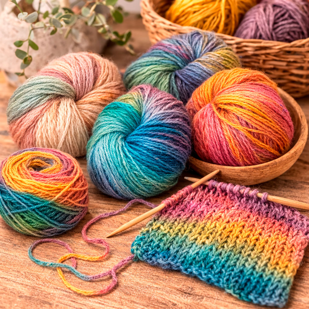 Flerfarvet garnnøgle med lange farveskift til strik af unikke sjaler og tæpper