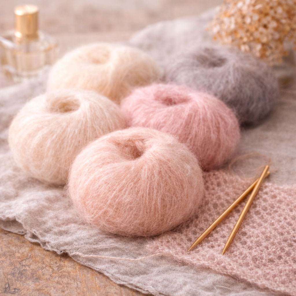 Fluffy og glansfuldt silk mohair garn brugt som følgetråd til luksuriøse strikkeprojekter